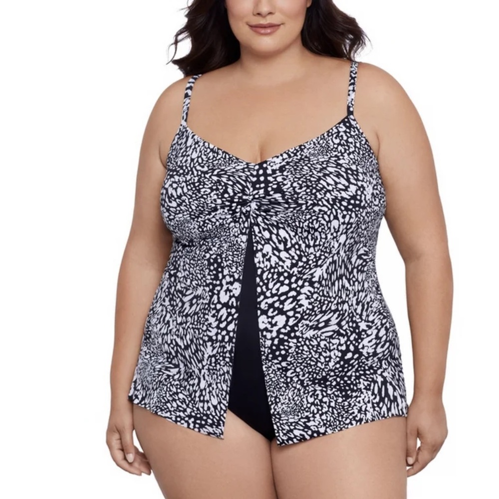 NWT Swim Solutions Sz 20 One-piece Flyaway Fauxkini White Black Swimsuit Rt $122